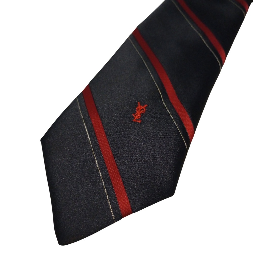 Yves Saint Laurent Mens Silk Tie Navy Blue Red Striped YSL Logo Monogram